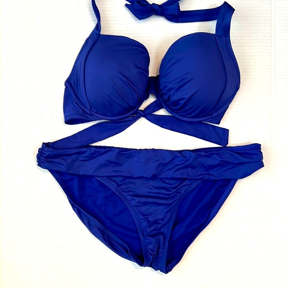 Kenneth Cole Reaction Womens Bikini Blue Padded Halter Top Size 36D & XL Bottom
